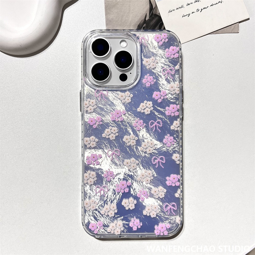 韩系樱花蝴蝶结苹果16锡纸纹手机壳适用于iphone15 高颜值14 碎花