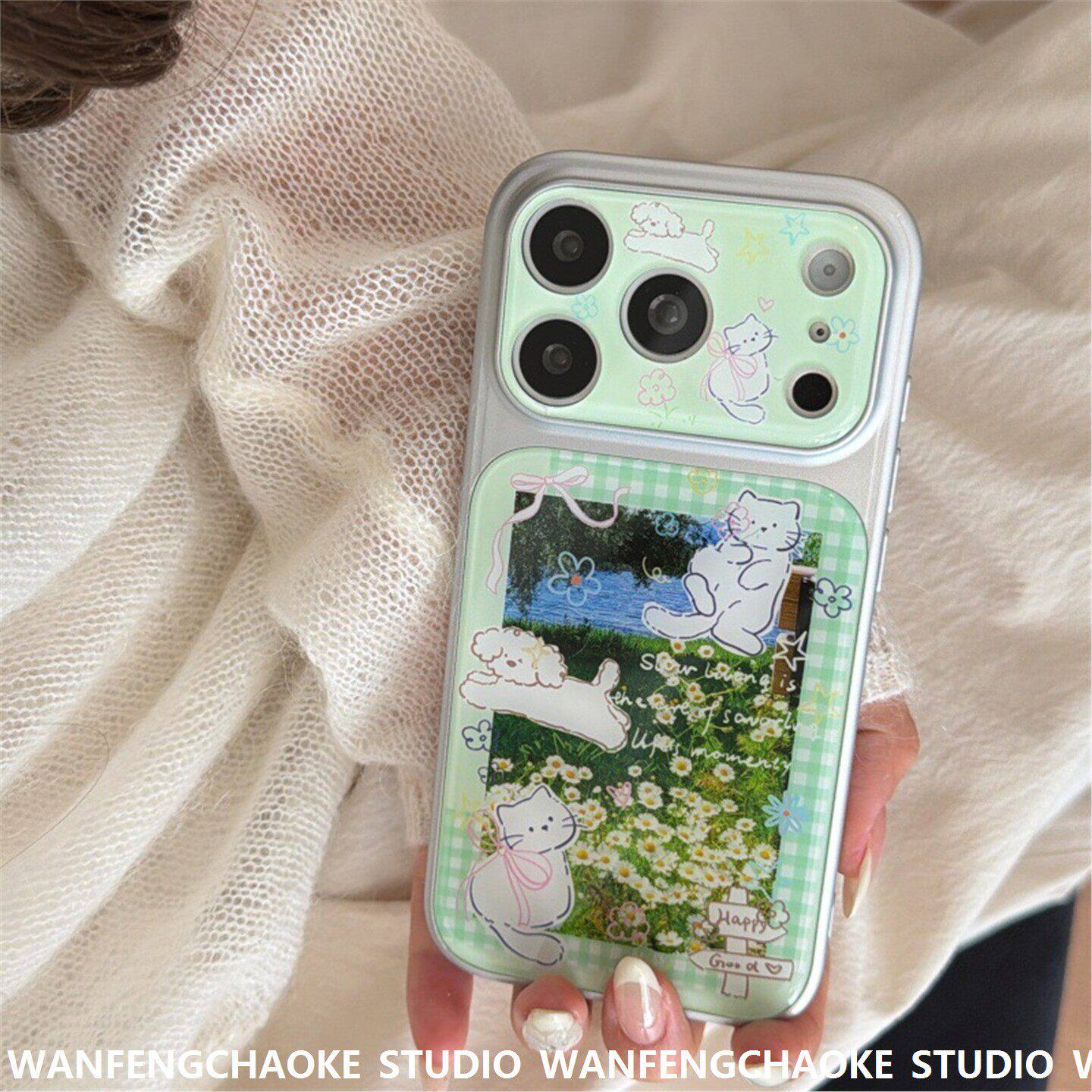 苹果16适用iphone17promax手机包15pro大视窗绿格纹草地小狗猫咪