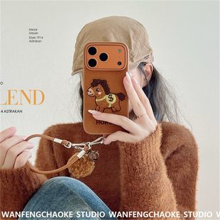 棕底刺绣金钱马适用苹果17promax手机包iPhone15 16保护套14挂绳
