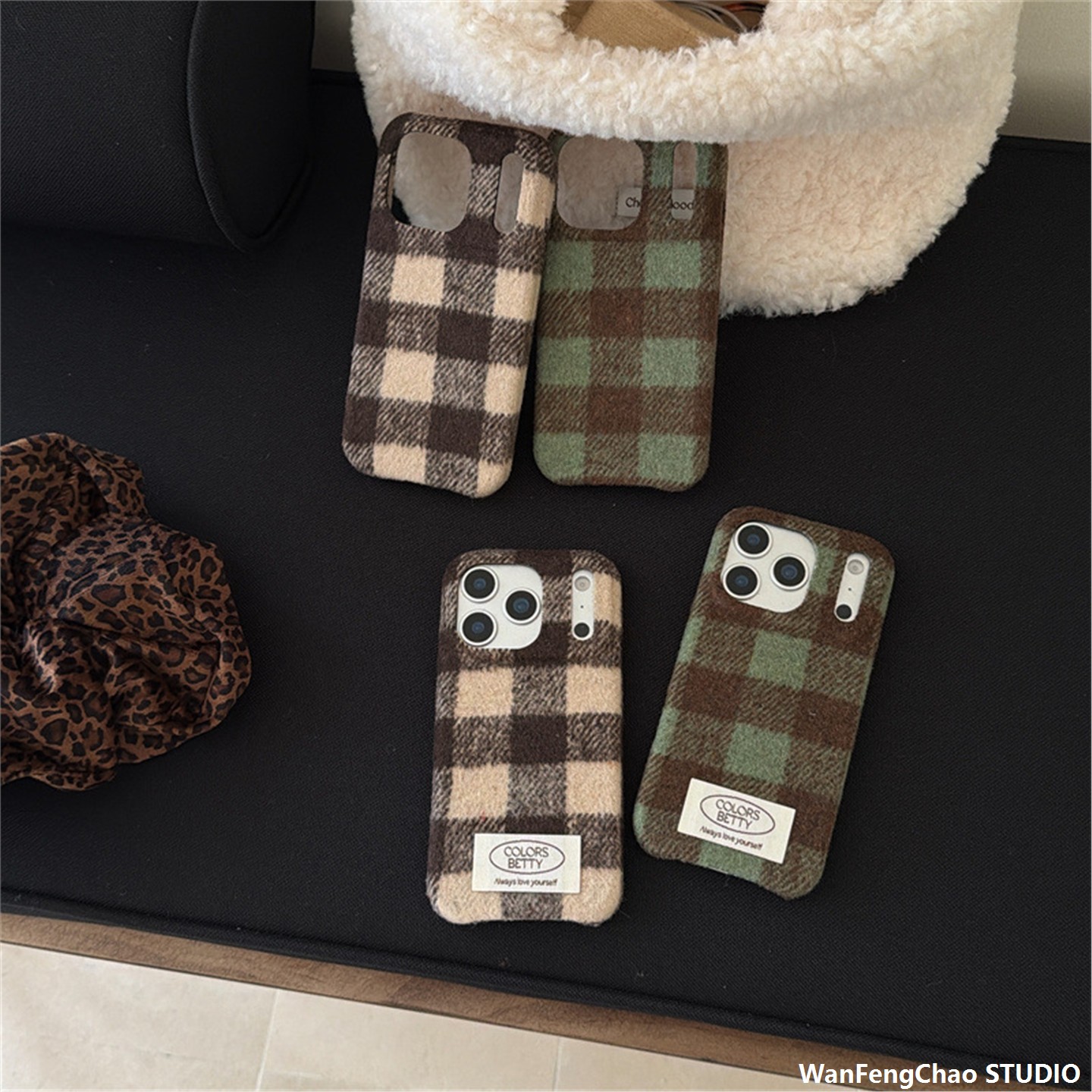 绒布绿棕黑色大格纹适用17