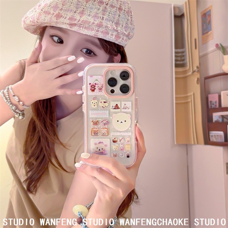 轻松熊系列拼贴适用iPhone15promax苹果13三合一手机壳16可爱14女