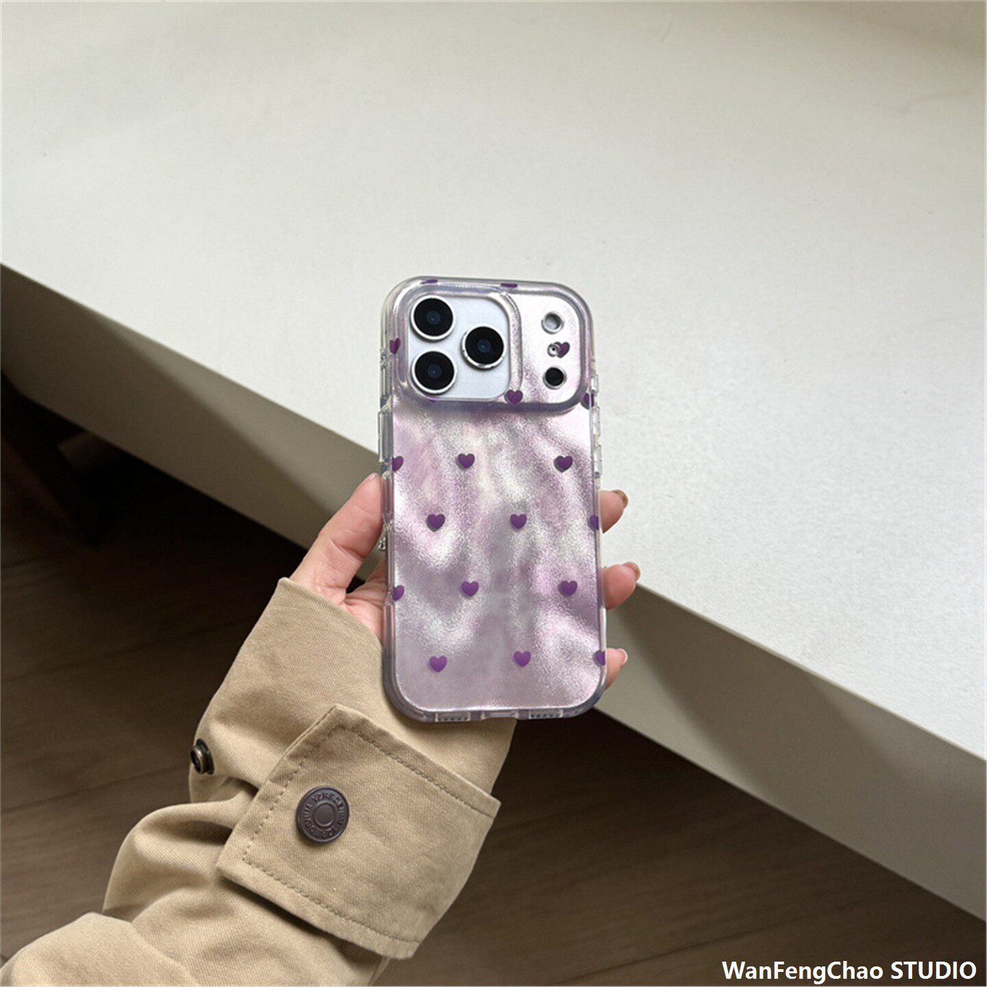 紫色爱心苹果17promax保护套适用iPhone16pro双层印花15pro挂绳14