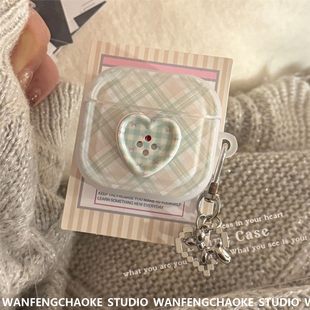 立体绿格纹纽扣适用airpods耳机套pro2保护套蓝牙无线4代1银挂件3