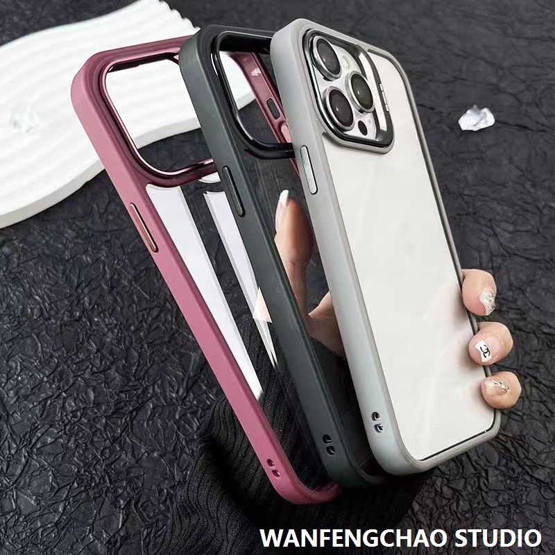 跨境适用苹果16promax透明镜头支架手机壳iphone15高端带镜头膜14