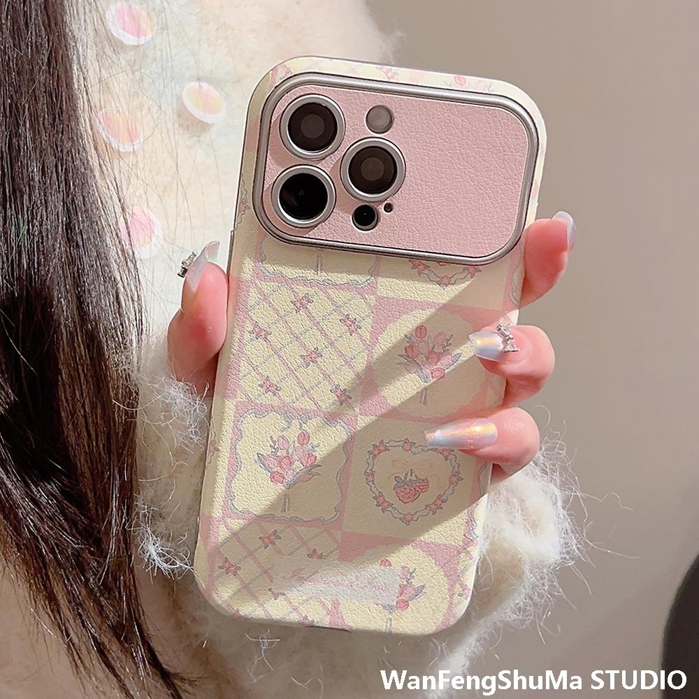 春日格纹碎花适用苹果16手机壳13promax银色11皮质iphone14清新12