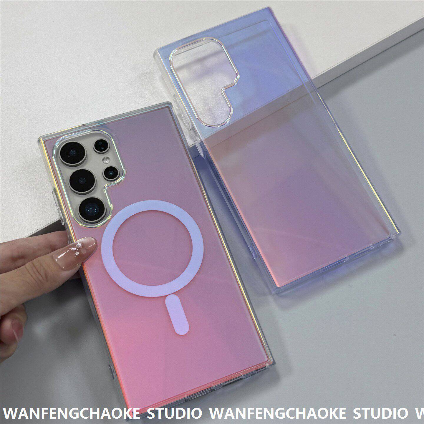 适用三星s25ultra行李箱磁吸S25FE镭射渐变s26防摔透明壳手机包