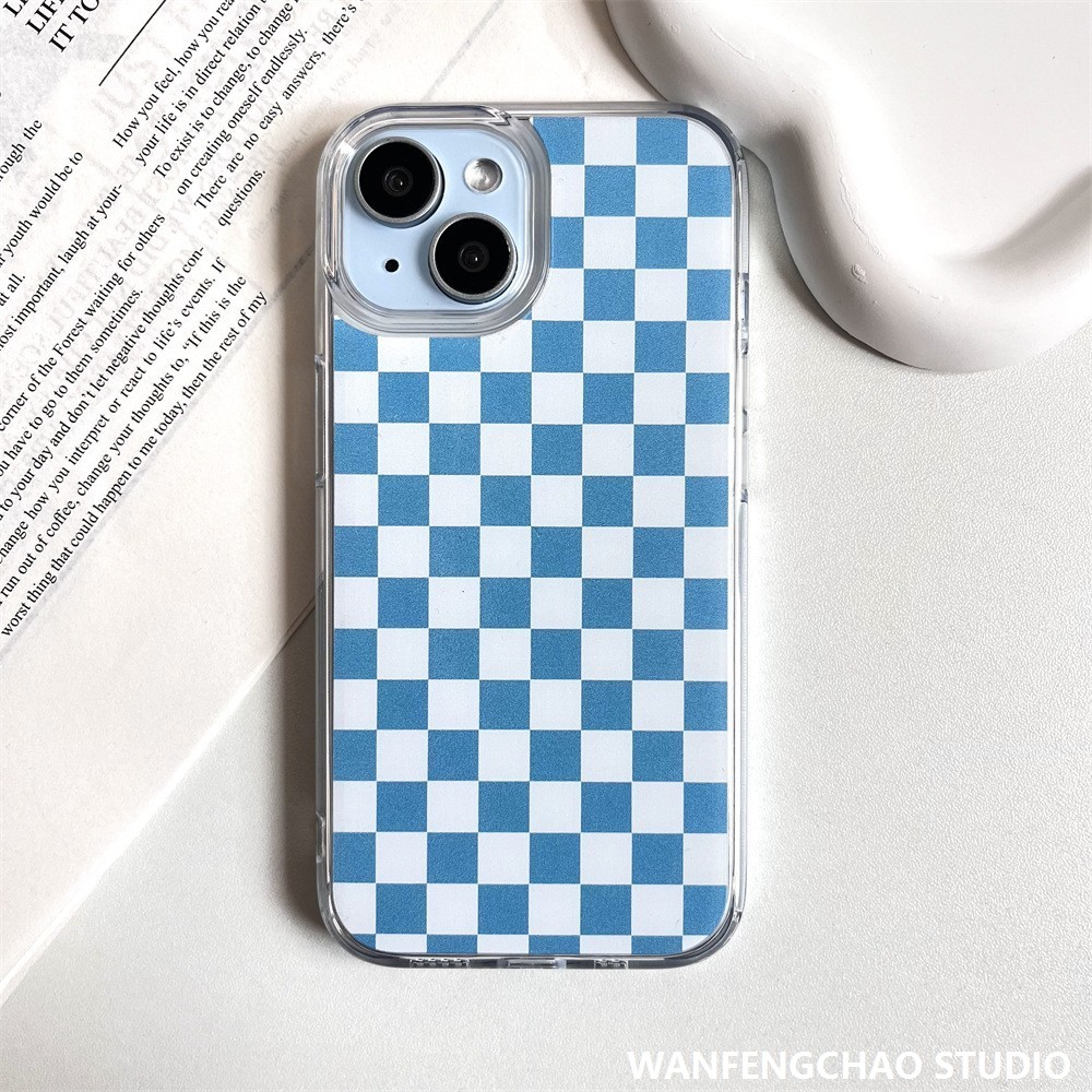 ing风蓝白棋盘格苹果16手机壳适用于iphone15 14 防摔12 11