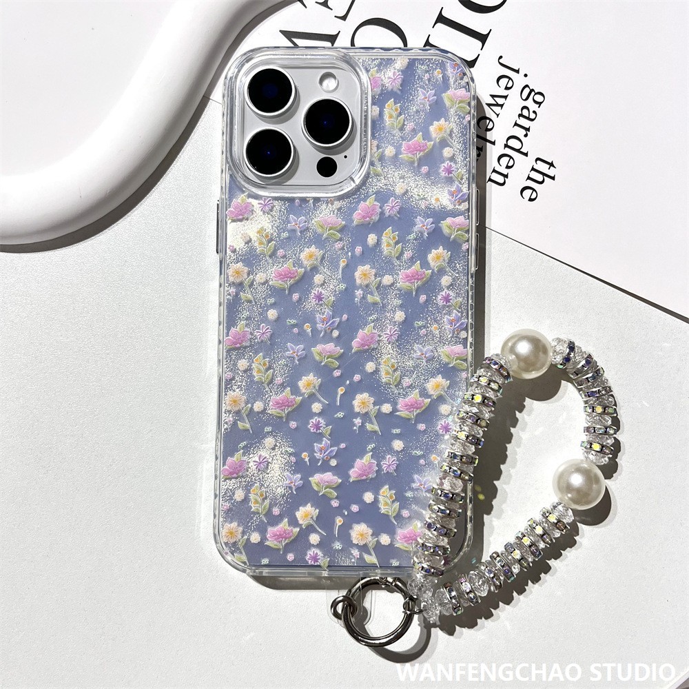 梦幻春日碎花iphone15适用14手机壳丝绸纹16苹果13Promax挂绳11