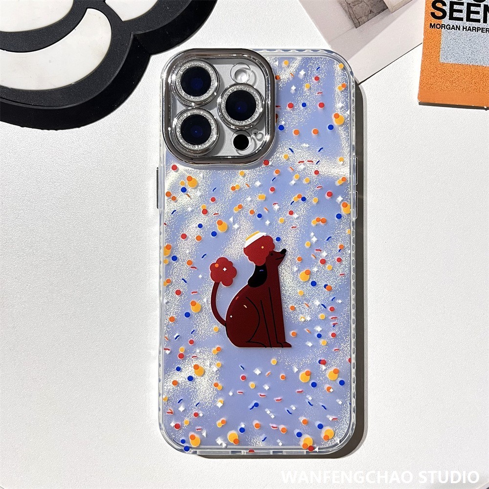 可爱礼花小狗苹果16丝绸纹手机壳适用iphone15 14防摔12 11精孔