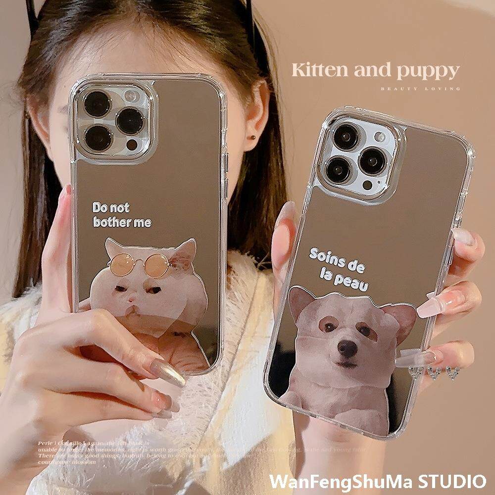 고양이와 강아지를 위한 틈새 귀여운 페이셜 마스크 13 IPHONE16PROMAX에 적합 APPLE 11 커플 15 거울 휴대폰 케이스 12