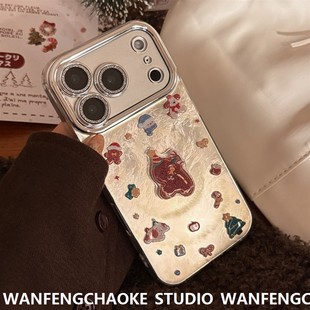 闪粉姜饼人手机包适用17promax镜头膜iphone15圣诞树挂绳13立体16