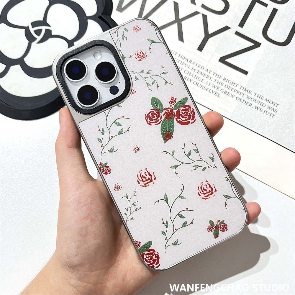 清新玫瑰iphone14苹果适用16Promax手机壳复古15艺术12镀银镜面