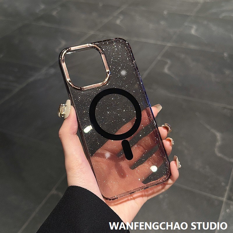 金属镜头适用苹果16手机壳闪粉磁吸iPhone15ProMax透明防摔保护套