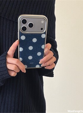 韩风蓝色牛仔波点适用iphone17Promax苹果1615滴胶14电镀边手机包