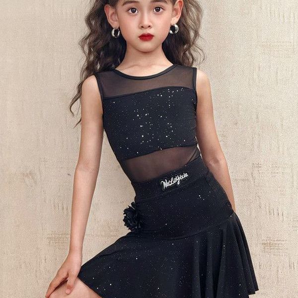 2025新款夏季女童拉丁舞服练习服高级感亮片花朵圆领集训练功服