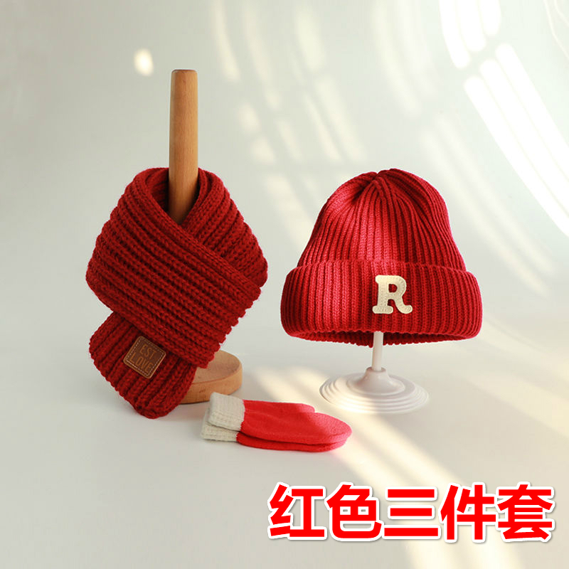 儿童装婴红色新年针织帽子