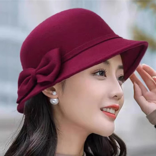 红色本命年礼帽秋天女式英伦名媛复古优雅法式秋冬毛呢蝴蝶结帽子