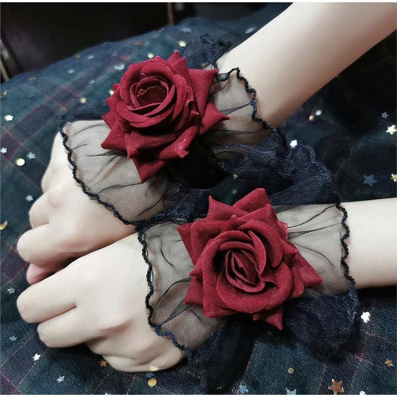 暗黑系lolita洛丽塔蕾丝手腕套手袖女酒红色玫瑰花礼服袖套高级感