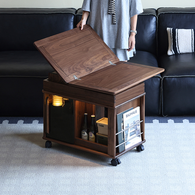 玄素全黑胡桃木移动茶几折叠推车