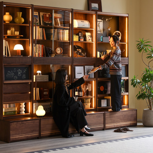 玄素家居全黑胡桃木满墙组合书柜