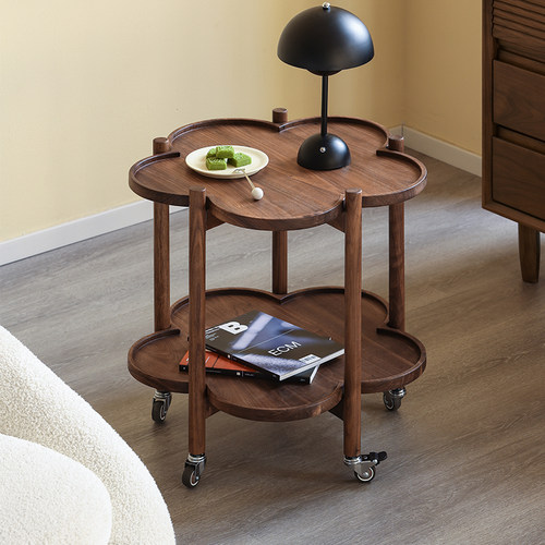 玄素全黑胡桃木沙发边几移动推车