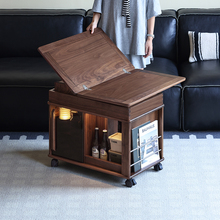 玄素家居全黑胡桃木移动茶几全实木可升降折叠推车小户型沙发边几
