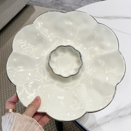 圆形陶瓷水饺盘带醋碟早餐盘蘸料碟子家用轻奢盘子创意盘子餐具