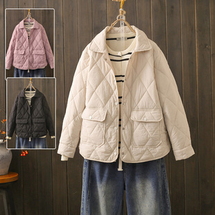 大码 百搭休闲菱格翻领棉服外套 轻薄小棉衣女胖mm2024年秋冬新款
