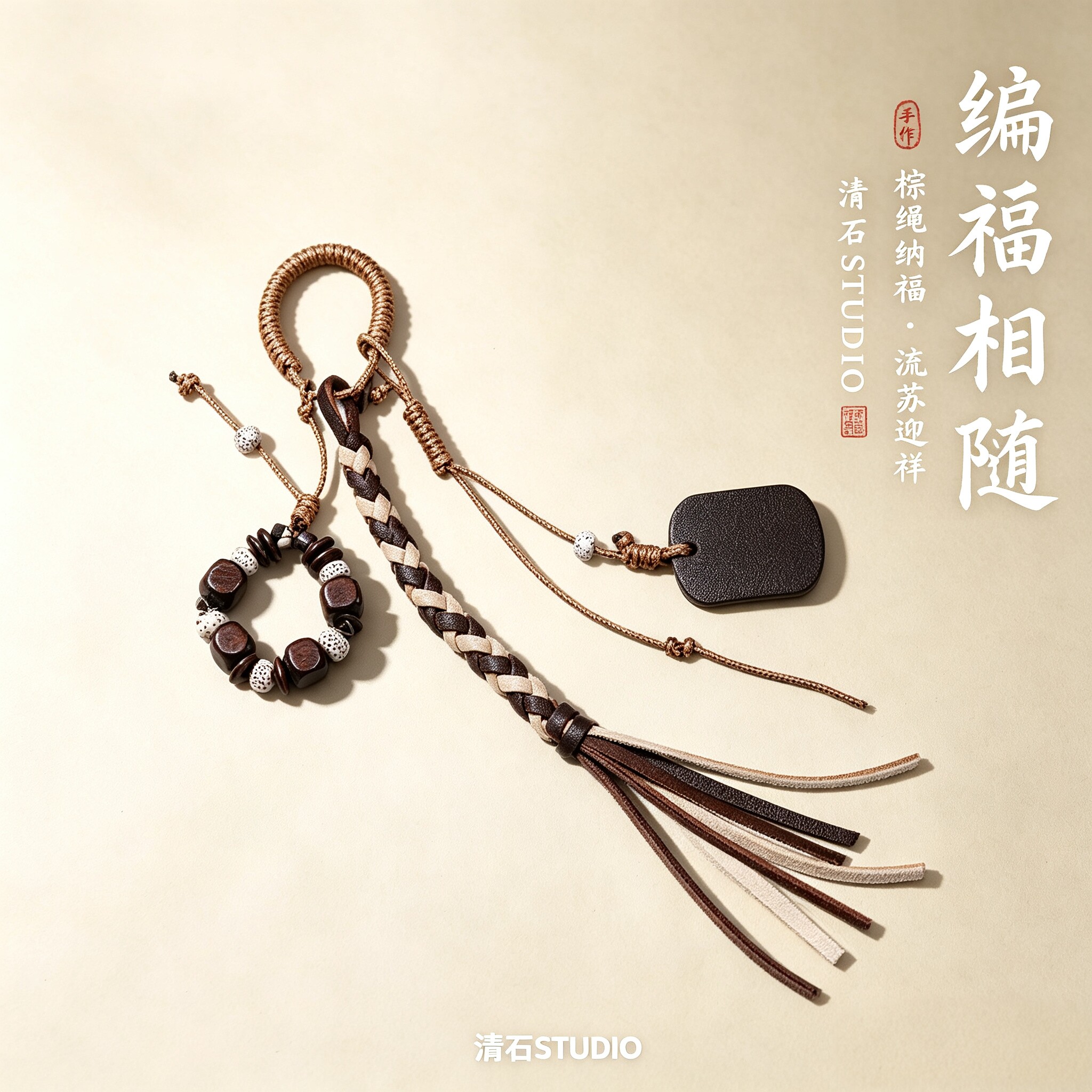 手工真皮无事牌流苏珠饰包挂件