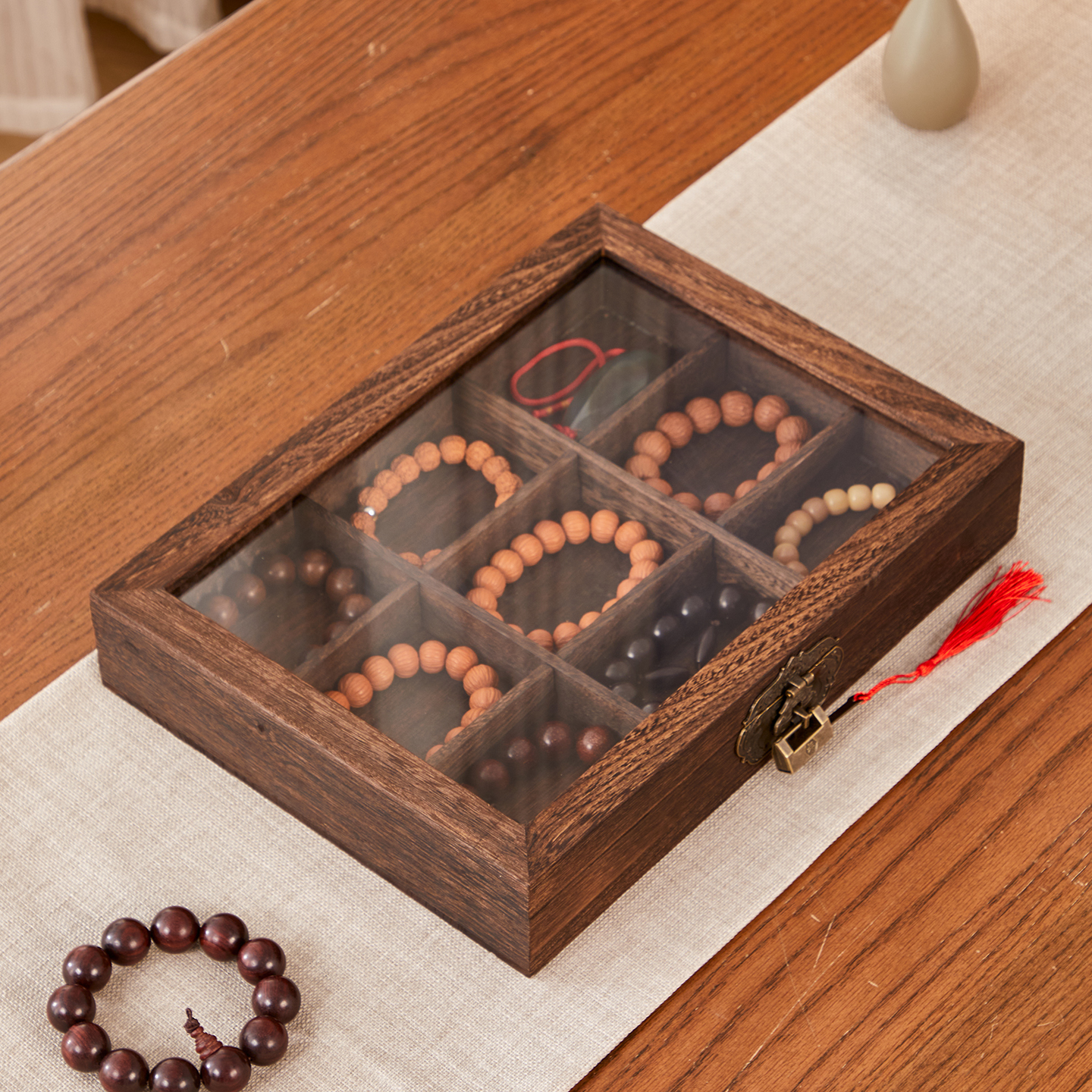 烧桐木防尘带盖佛珠展示盒复古