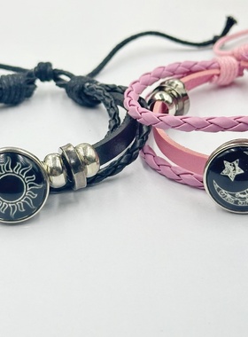 夜光日月恋人时光宝石手链男女通用复古手工多层串珠编织皮革手链