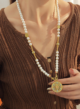 珍珠古法五福镂空圆盘项链女 轻奢感优雅时尚气质毛衣链配饰