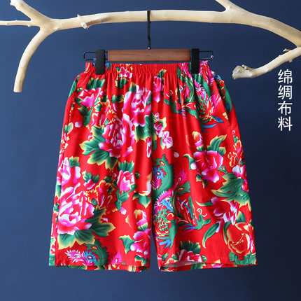 东北大花布夏季棉绸短裤休闲家居阔腿裤民族风人造棉花裤衩五分裤