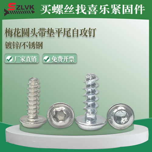 蓝白锌自攻钉梅花圆头带垫片平尾