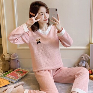 秋冬加厚夹层空气棉睡衣女新款 月子服 纯色套头小个子家居服套装