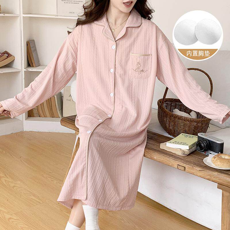 带胸垫睡裙女夏薄款提花棉质春秋长袖开衫孕期待产裙中长款家居裙
