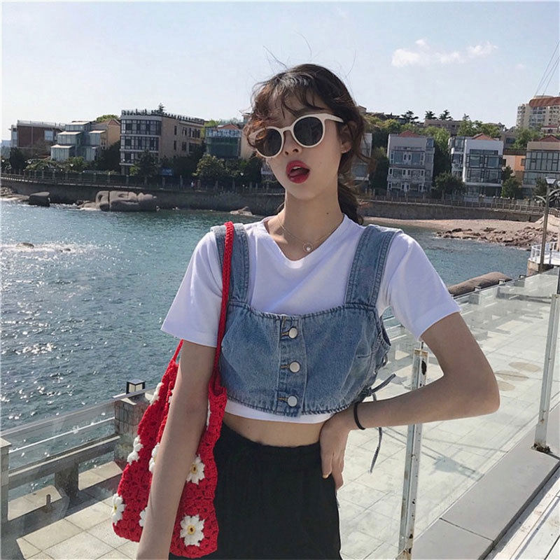 辣妹设计感排扣牛仔背心叠穿韩系修身外搭短款无袖绑带吊带上衣女
