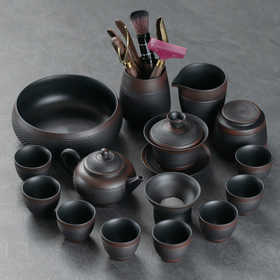 紫陶功夫茶具套组覆古家用简约陶瓷紫砂泡茶壶盖碗整套茶杯礼盒装