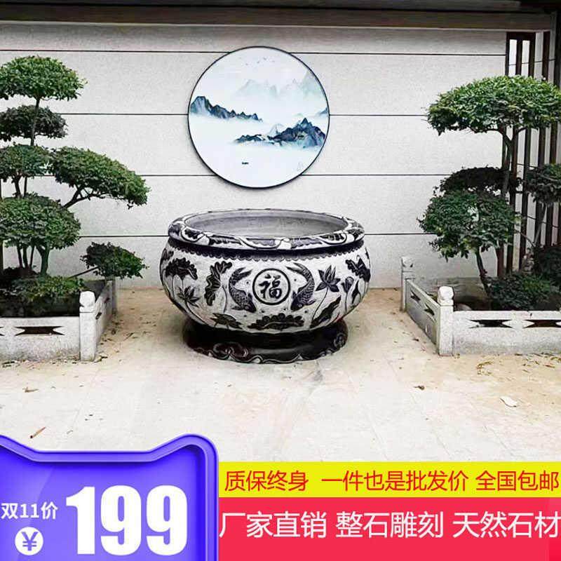 石雕天然青石仿古鱼缸养鱼荷花盆水缸庭院摆件整石雕刻石材大缸