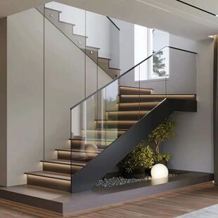 阁楼家用立柱定制现代轻奢实木 钢化玻璃楼梯扶手卡槽简约别墅复式