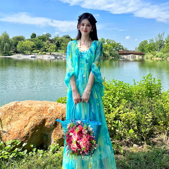 夏季真丝宽松渐变度假风长款女装连衣裙232D120