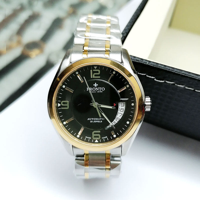 瑞士百浪多男士机械手表库存日历全自动机芯防水夜光蓝宝石镜面钢