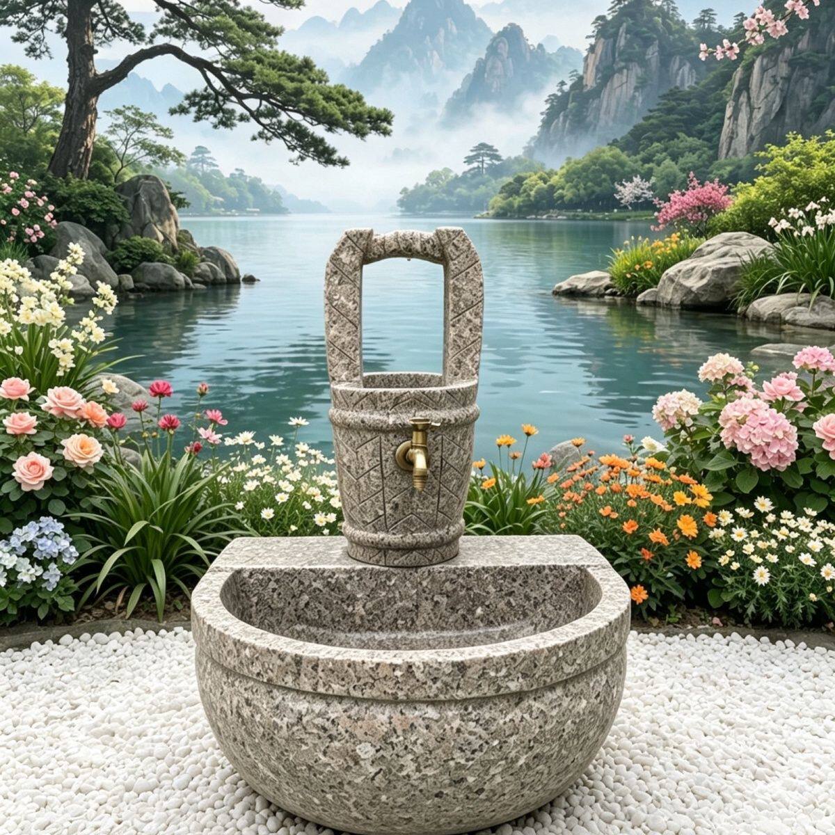 石雕户外洗手盆水景石头槽喷水別墅庭院花园水龙头拖把池喷泉摆件