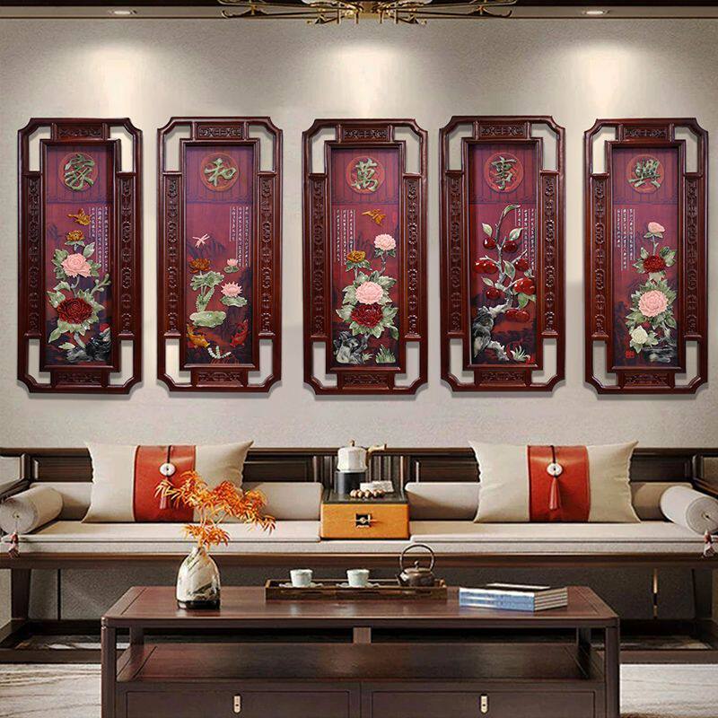 客厅餐厅装饰画沙发背景墙壁画实木立体浮雕玉雕高档中式挂画竖版