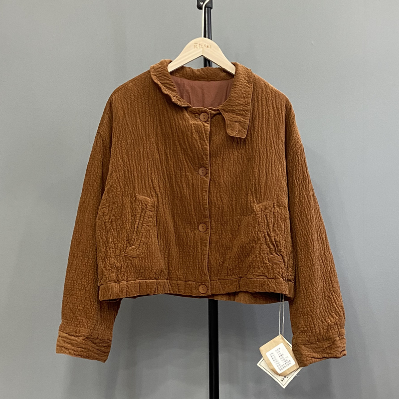 花社の日单灯芯绒加棉棉服纯色单排扣有口袋加棉外套--伊适季1928