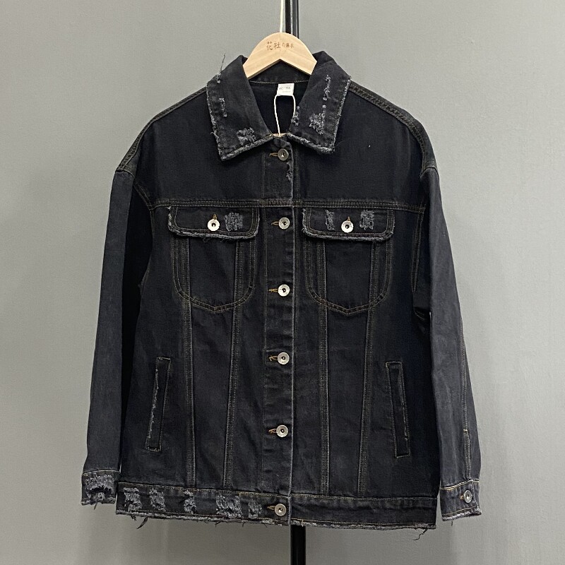 花社の日单 8002牛仔外套 纯棉水洗多口袋磨破毛边宽松显瘦衬衫