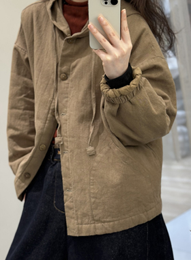 简赛Jeasaecc 秋冬新款60567亚麻棉服外套 纯色连帽个性宽松百搭