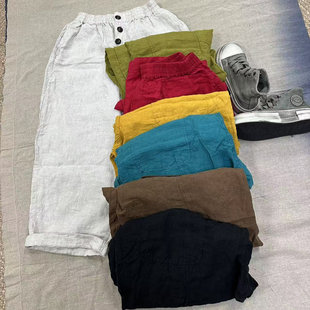花社原单正品 纽扣宽松大码 100%亚麻砂洗软柔质地休闲裤 女 6338个性