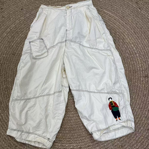 花社正品5933 刺绣款100%棉 水洗软糯薄款休闲裤 宽松大码