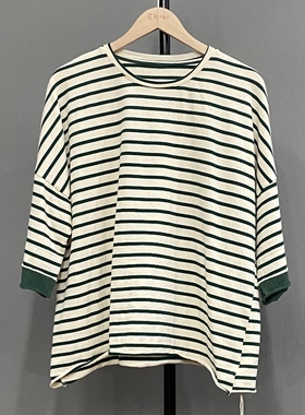 花社正品原单17110纯棉T恤 条纹下摆卷边拼接 宽松柔软圆领卫衣